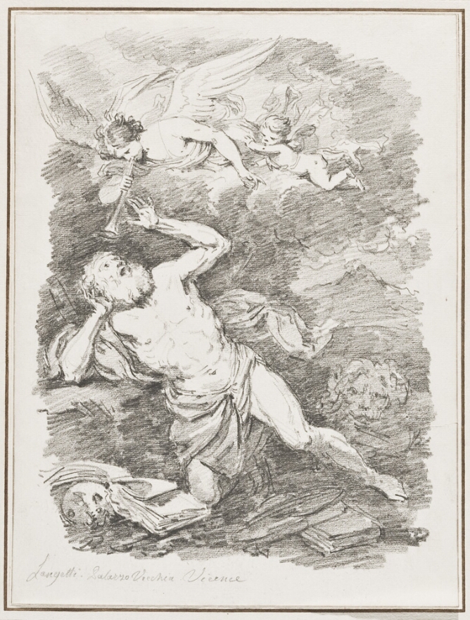 A black and white drawing of a startled man falling backward, looking up at an angel blowing a horn above his head