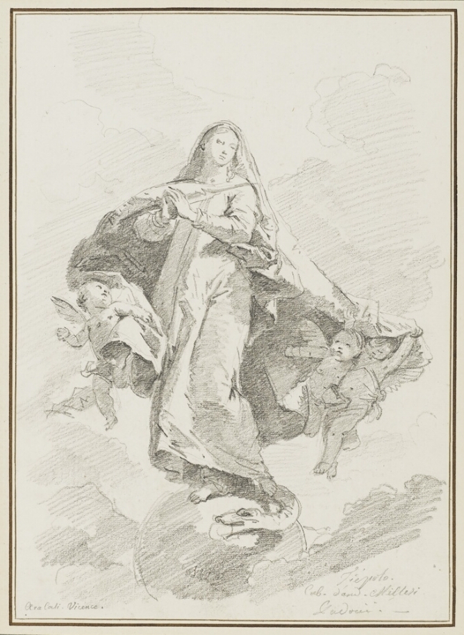 A black and white drawing of a woman with hands in prayer, standing on a snake
