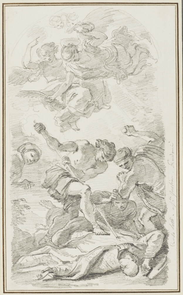 A black and white drawing of a man stepping onto and stabbing a figure lying on the ground with a spear, as angels and figures witness