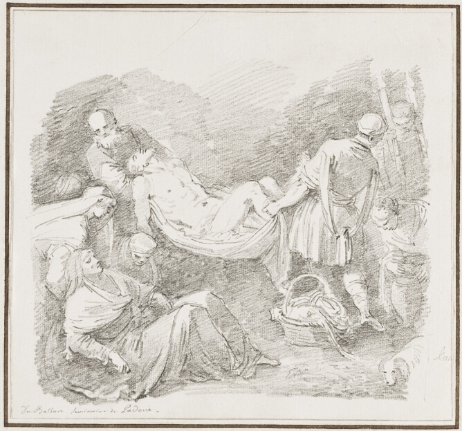A black and white drawing of two men carrying the limp body of a man past a group of women