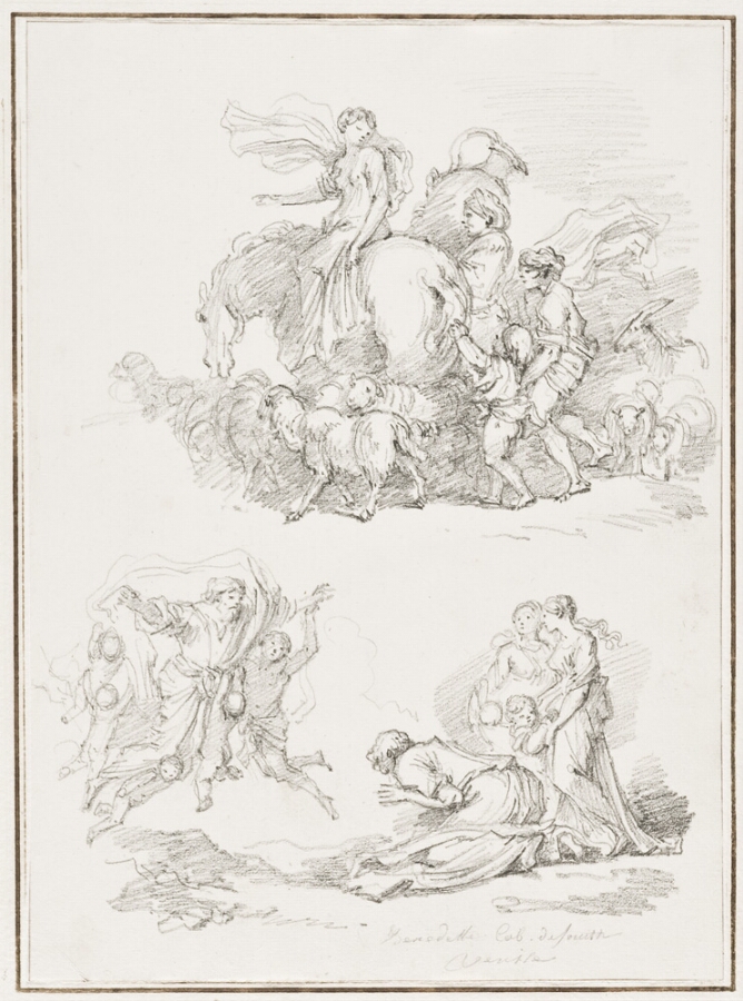 A sheet of two black and white drawings. At the top, a woman riding a horse with animals and figures around her. Below, a man in the sky supported by angels, approaching a figure kneeling before him with women and children standing next to him