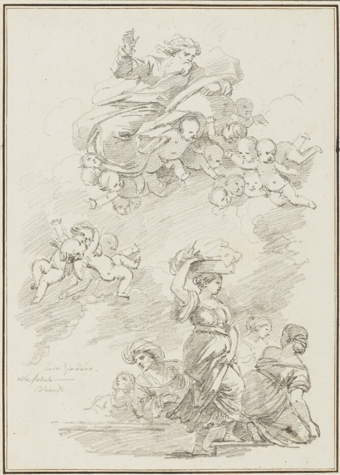A black and white drawing of a man in the sky, supported by cherubs, hovering over a woman walking and carrying a basket on top of her head
