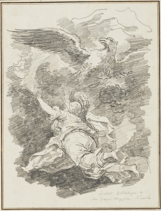 A black and white drawing of a man flying towards a large bird in the sky