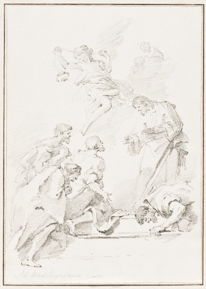 A black and white drawing of men kneeling before a standing man as an angel flies above them