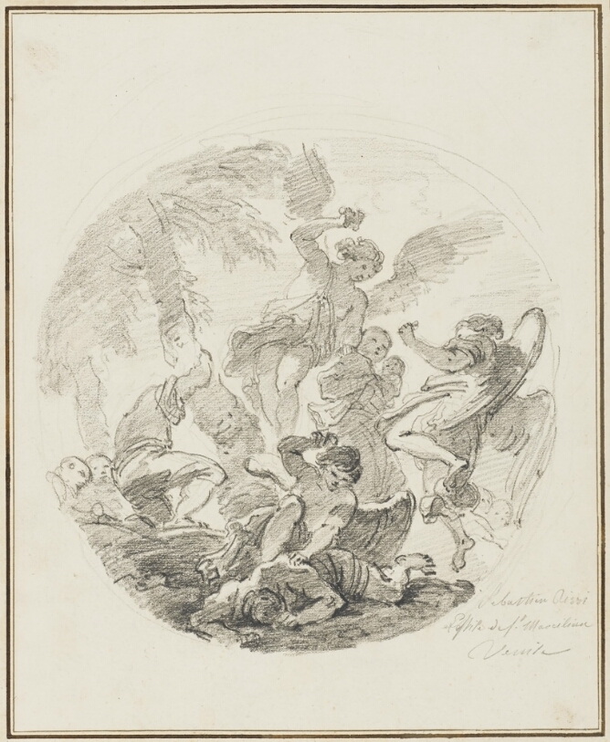 A black and white drawing of two floating angels carving a statue of a standing woman holding a baby, while another angel is about to strike a figure lying on the ground