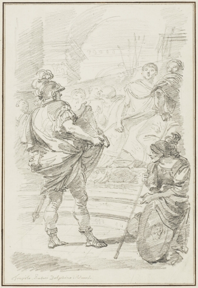A black and white drawing of a man standing in front of a group of figures seated on a platform