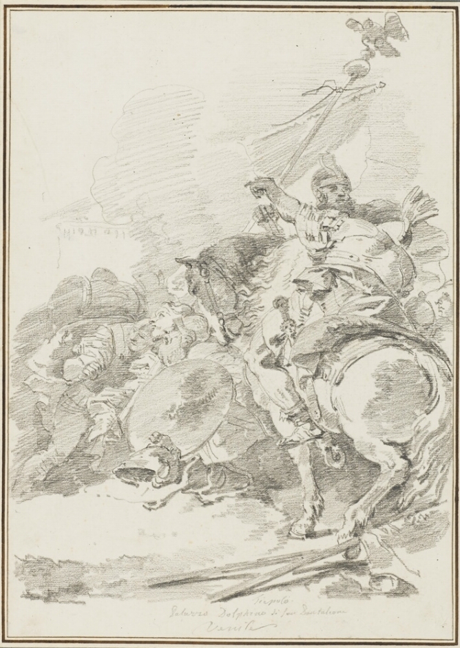 A black and white drawing of a figure slumped over on a horse before a man, while other figures huddle together on the ground, holding a pole