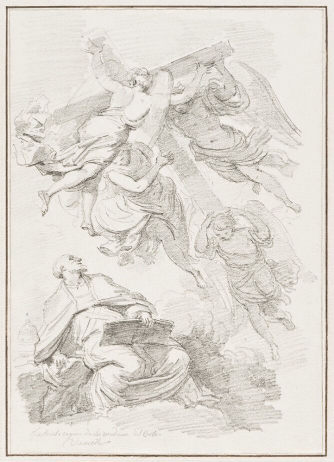 A black and white drawing of a seated man holding a book and looking up at angels carrying a cross in the sky