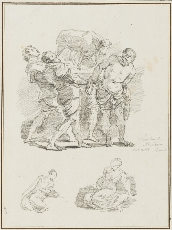 A black and white drawing of a calf standing on a base carried by figures