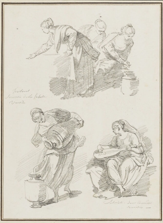 A sheet of three black and white drawings. At the top, a standing woman bends over the corner of a table, extending her arm. Two women seated next to her lean and look downward to their left. Below, a standing woman pours liquid from a large vessel into another vessel. Beside her, a seated woman plays a stringed instrument