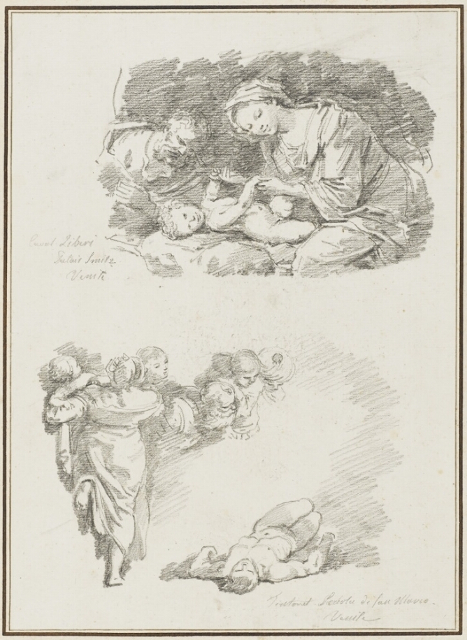 A sheet of two black and white drawings. At the top, a seated woman holds the hands of a baby lying on his back, accompanied by a man. Below, a woman runs with a baby in her arms towards a group of figures looking down at a figure lying on the ground
