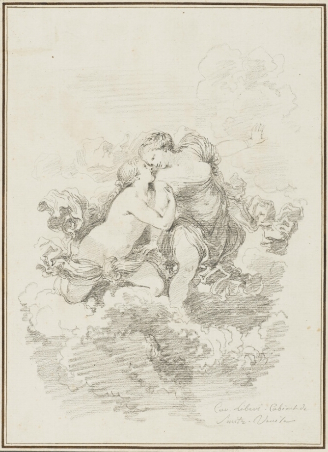 A black and white drawing of two women standing on a cloud and gazing into each others eyes.