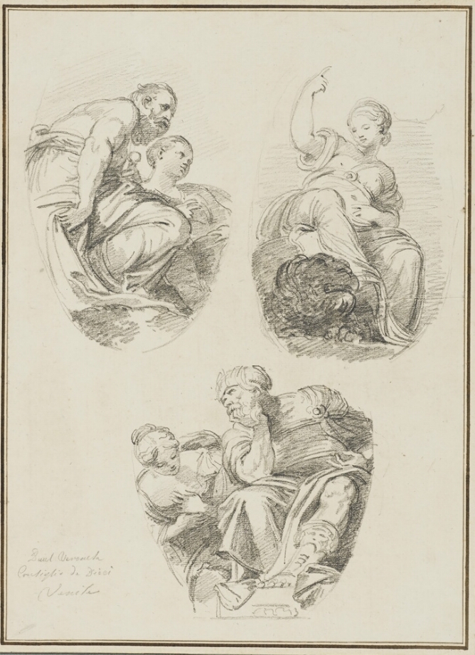A sheet of three black and white drawings. At the top, a man seated in profile view accompanied by another figure next to him. Beside them, a seated woman in frontal view points upward, with a lion's head by her feet. Below, a seated man in frontal view rests his head on his hand looking to his right at a woman next to him
