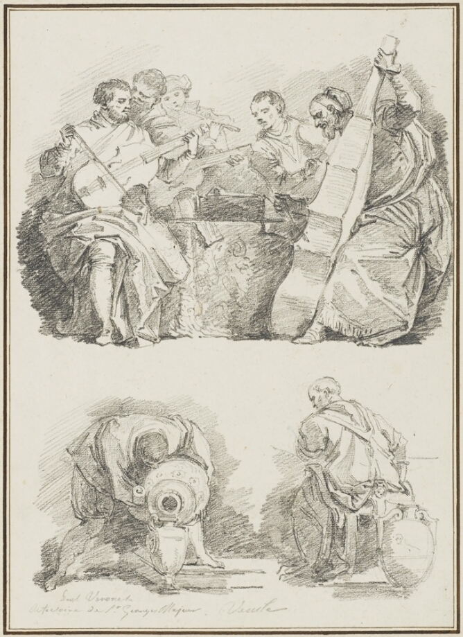 A sheet of two black and white drawings. At the top, figures seated at a table play musical instruments. Below, a standing man bends over to pour liquid from one vessel into another, while a seated man next to him watches