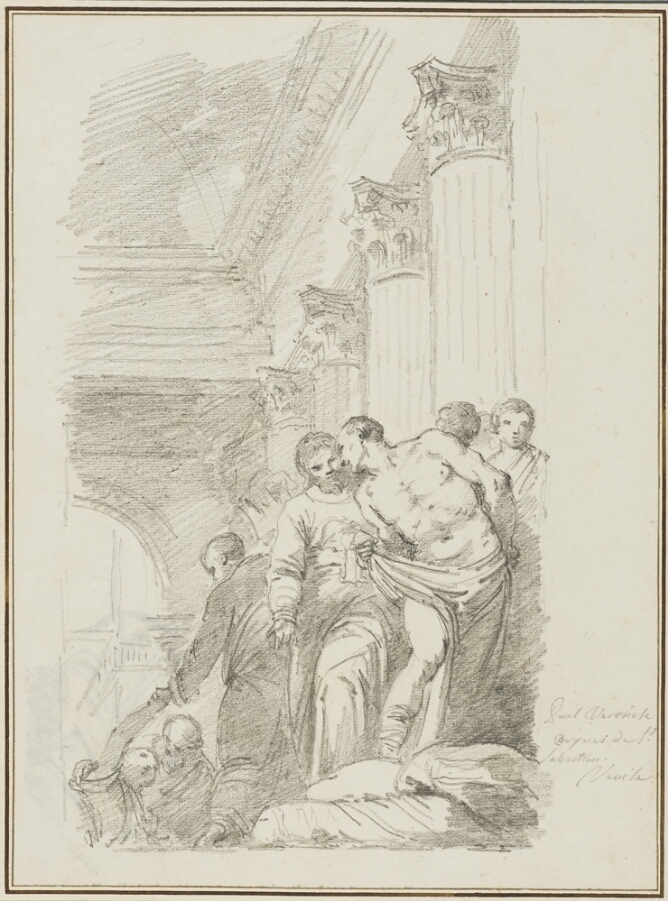 A black and white drawing of a standing man engaging with another man behind him in an interior setting with columns. Behind them, a figure from below reaches for the hand of standing man