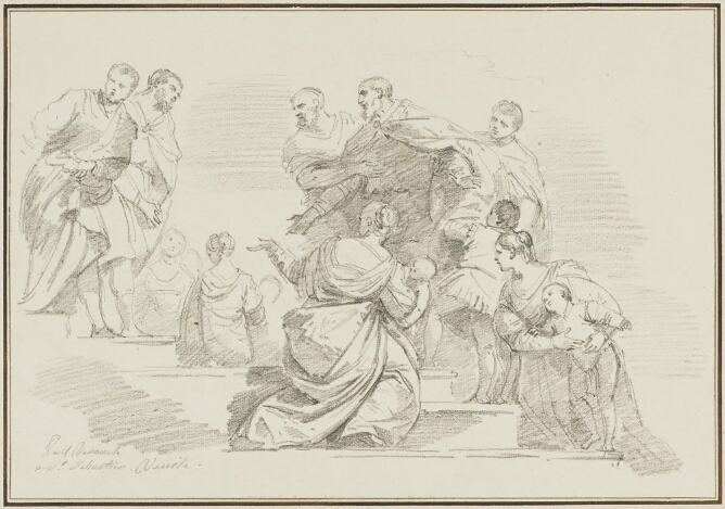 A black and white drawing of two standing men facing each other, being led by other men, while two women witness, kneeling at steps below, holding a baby and child