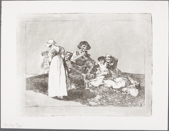A black and white print of a well-dressed young woman walking with her head down by a group of emaciated figures
