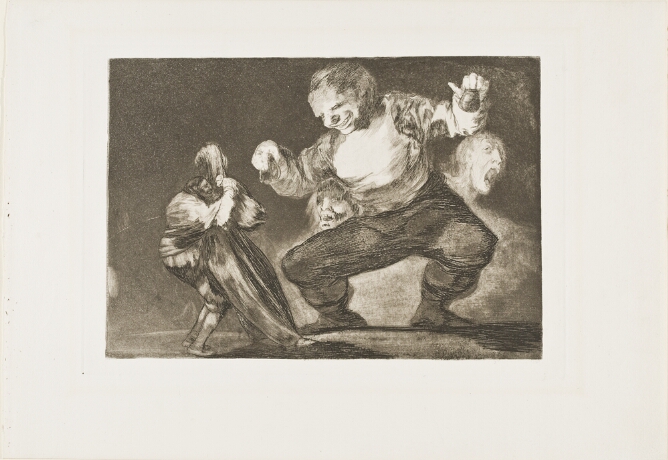 A black and white print of a giant man with castanets approaching a standing man using a cloaked figure as a shield