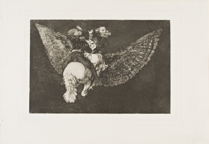 A black and white print of a flying half-bird, half-horse-like creature, carrying two figures on its back. One figure holds onto the other, who looks up in distress