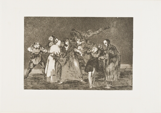 A black and white print of a standing woman pulling the hand of a man being scolded by a figure, while also holding onto the hand of a two-faced figure
