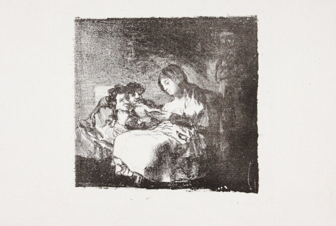 A black and white print of a seated woman holding a book next to two attentive figures sitting next to her