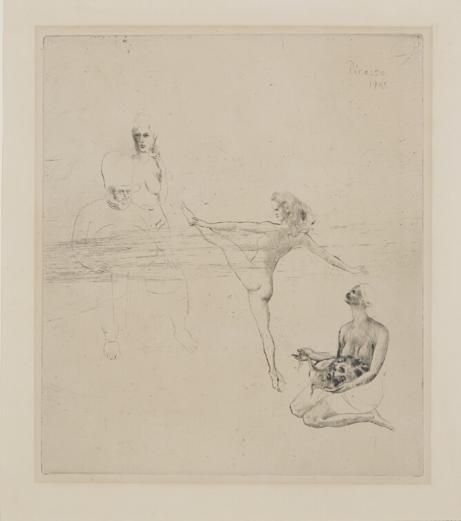 A black and white print of a nude woman balancing on one foot, facing a seated man and standing nude woman. Behind her, a seated figure holds a decapitated head in their lap