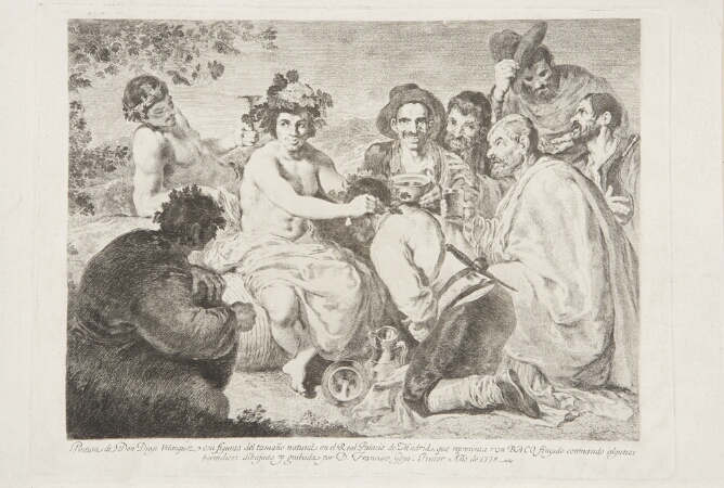 A black and white print of a sitting nude young man, with a wreath on his head, placing a crown of leaves on a kneeling figure beside a group of men