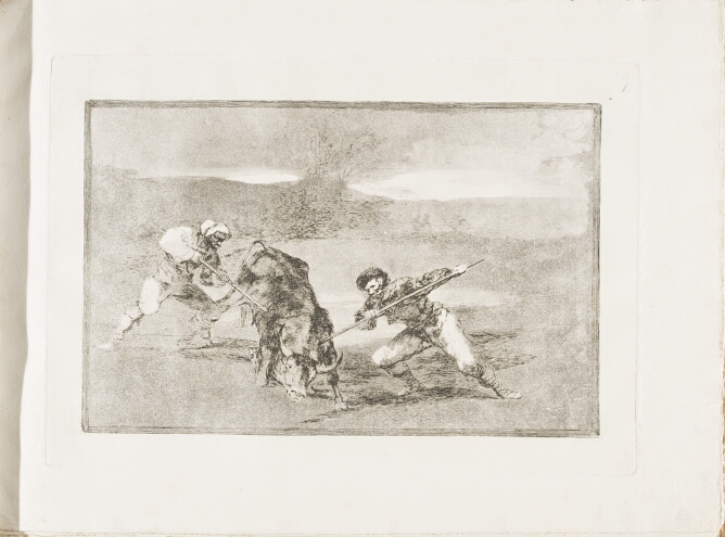 A black and white print of two standing men spearing a bull in a landscape