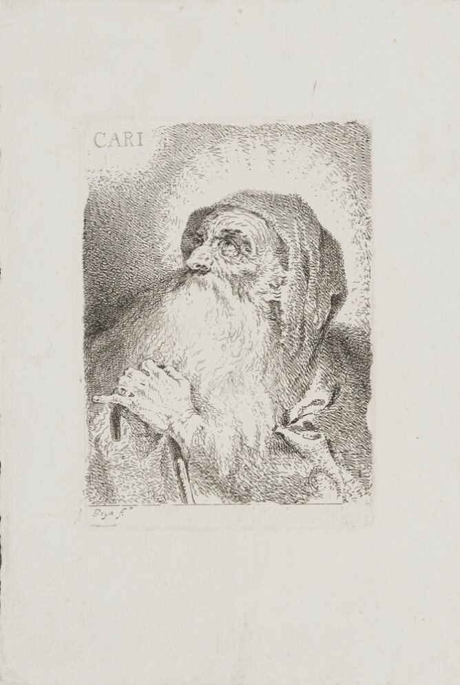 A black and white detailed print of a hooded older man with a long beard looking up, shown from the chest up