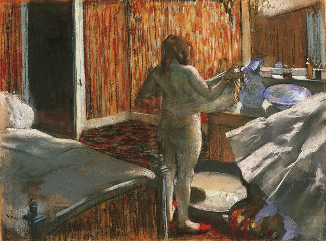 A color print of a standing nude woman in a room, seen from the back, drying herself with a cloth