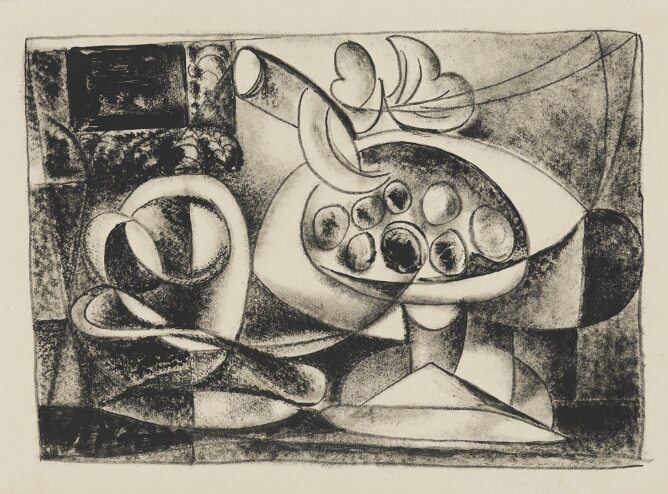 A black and white, abstract print of fruit on a stand next to a cup, saucer and spoon