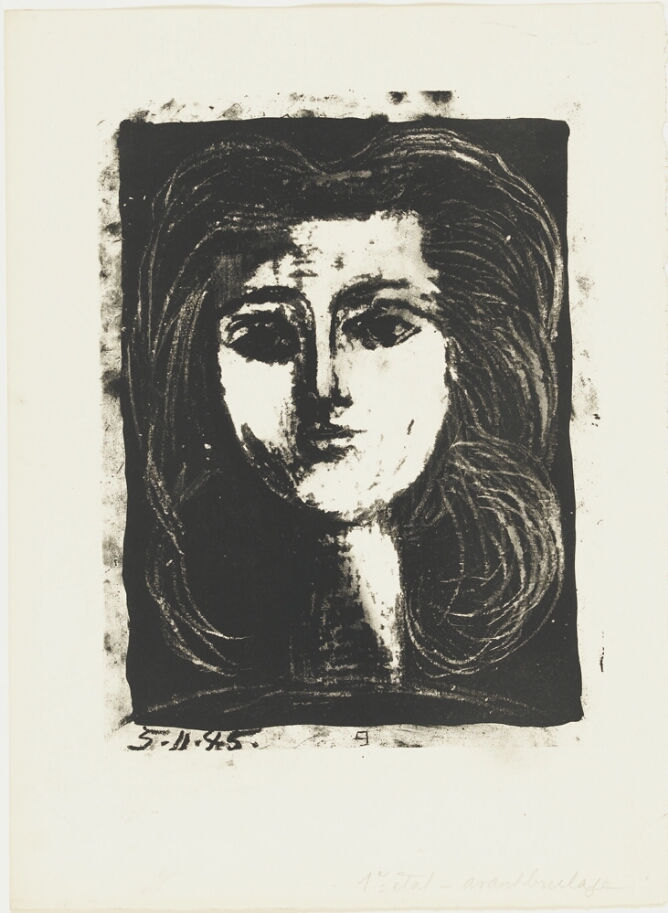 A black and white, high contrast print of the head and neck of a young woman