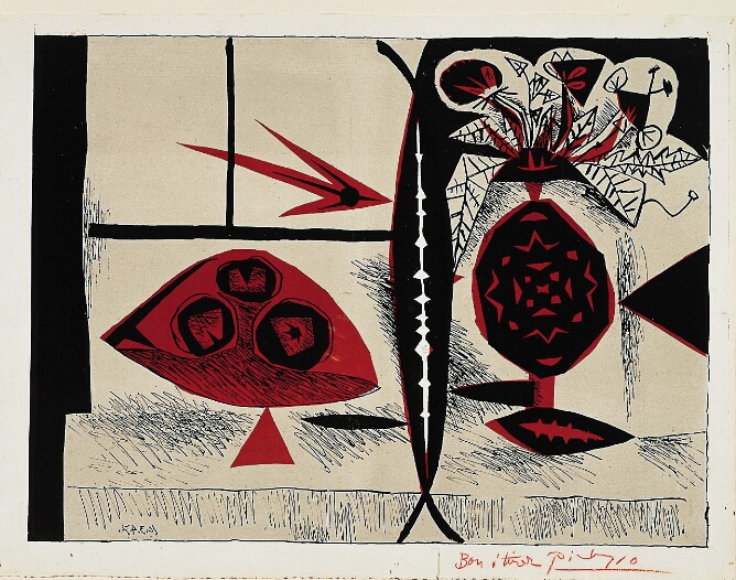 A black, red and white abstract print of a vase of flowers and circular objects on a table