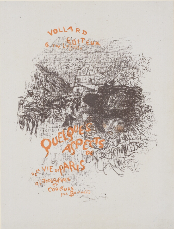 An illustration of a woman's head against a busy street in black, with stylized text of the French title of the album in orange