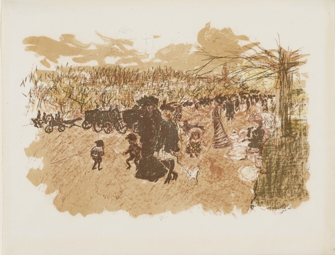 A color print of a busy road with adults, children, dogs and horse-drawn carriages