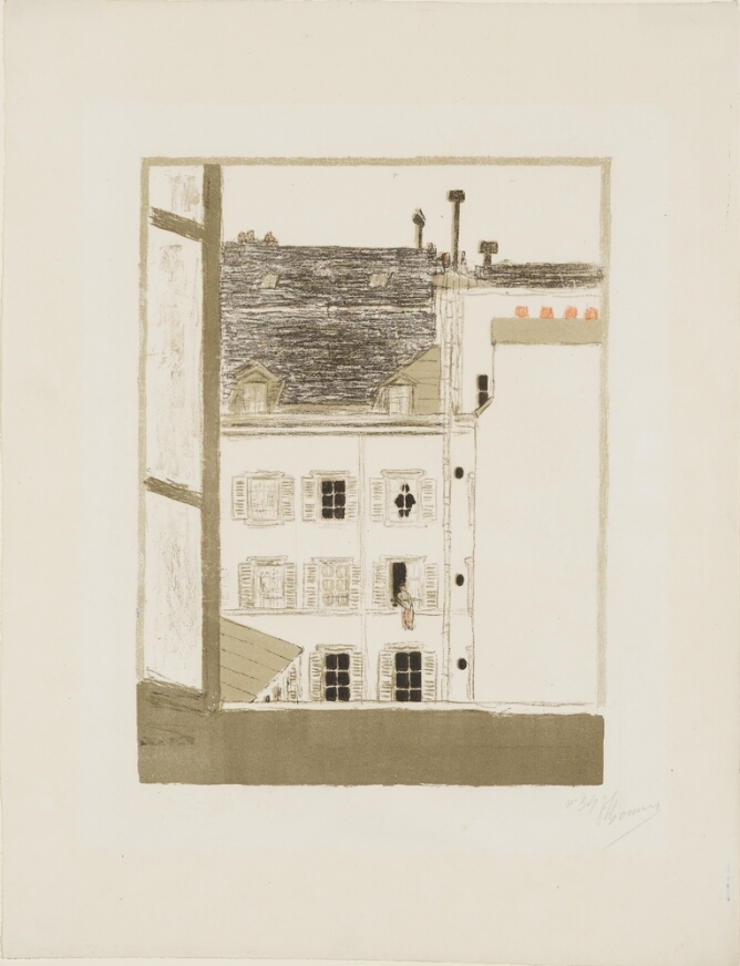 A color print of a building seen from an open window