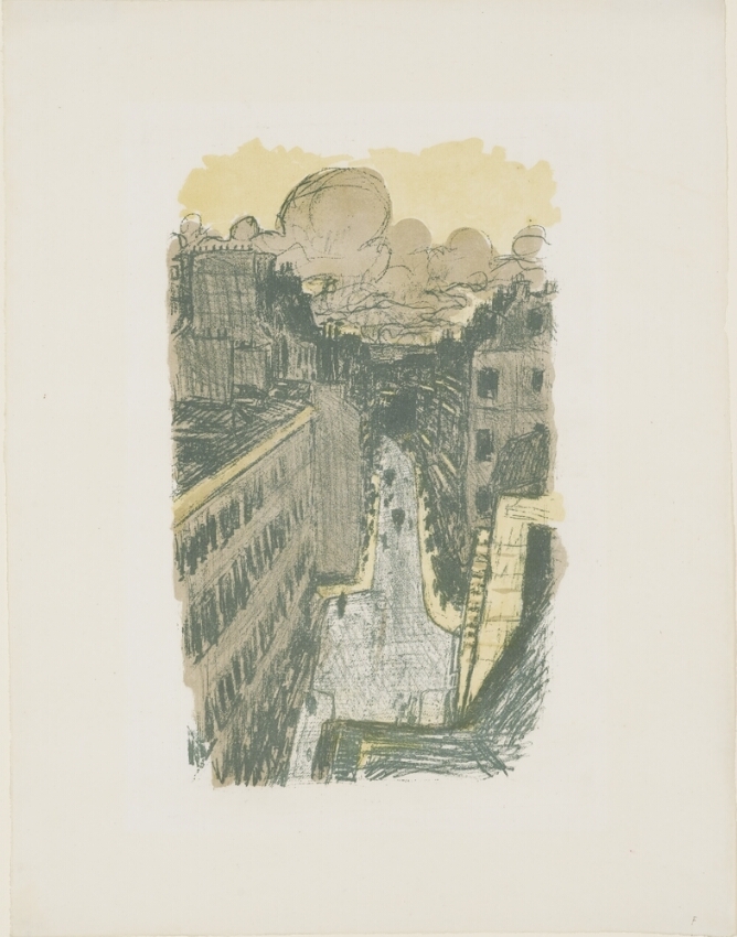 A color print that shows a bird's eye view of a street between buildings