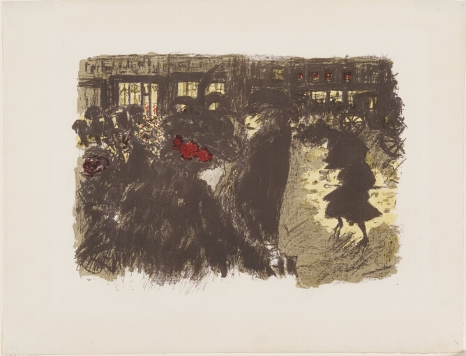 A color print of a figure walking into a crowd on the street