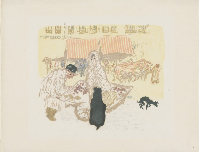 A color print of a figure pushing a cart of fruit by a standing woman on a busy street