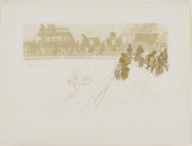 A color print of figures walking on a bridge as a train passes by