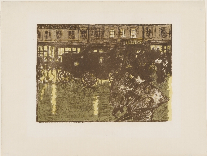 A color print of figures and a carriage on a wet street