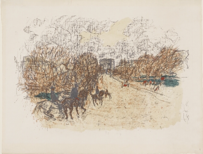 A color print of figures riding horses on a road that leads to an arched structure in the distance