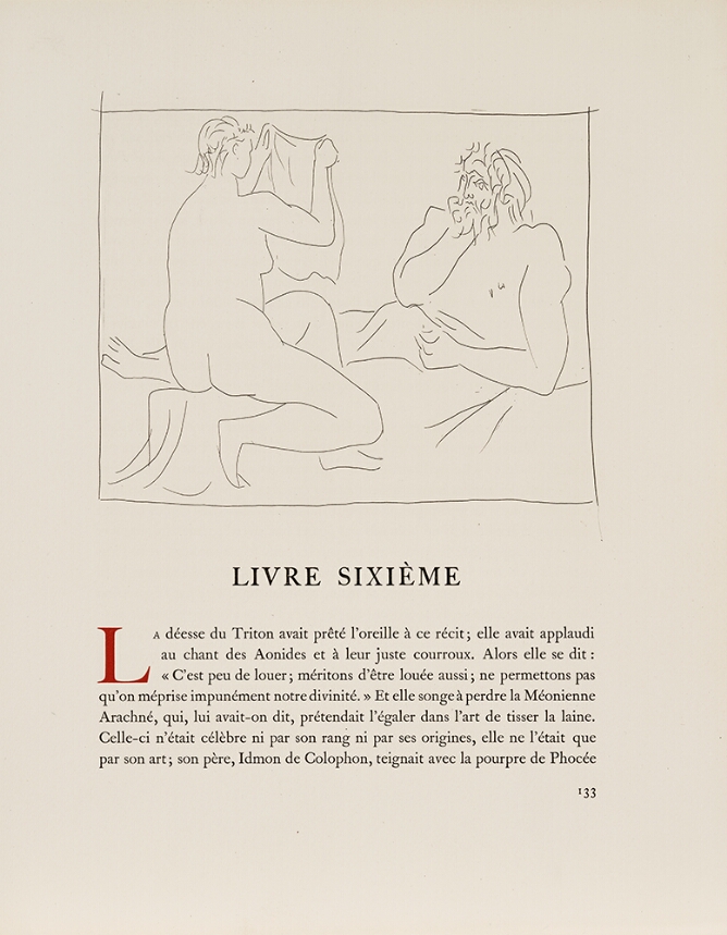 A black and white illustration of a nude woman holding a sheet in front of her and sitting next to a reclining man. Below, text in French