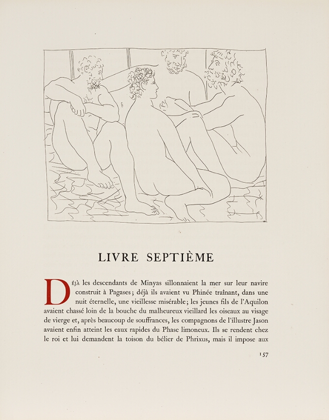 A black and white illustration of a group of nude men sitting together. Below, text in French