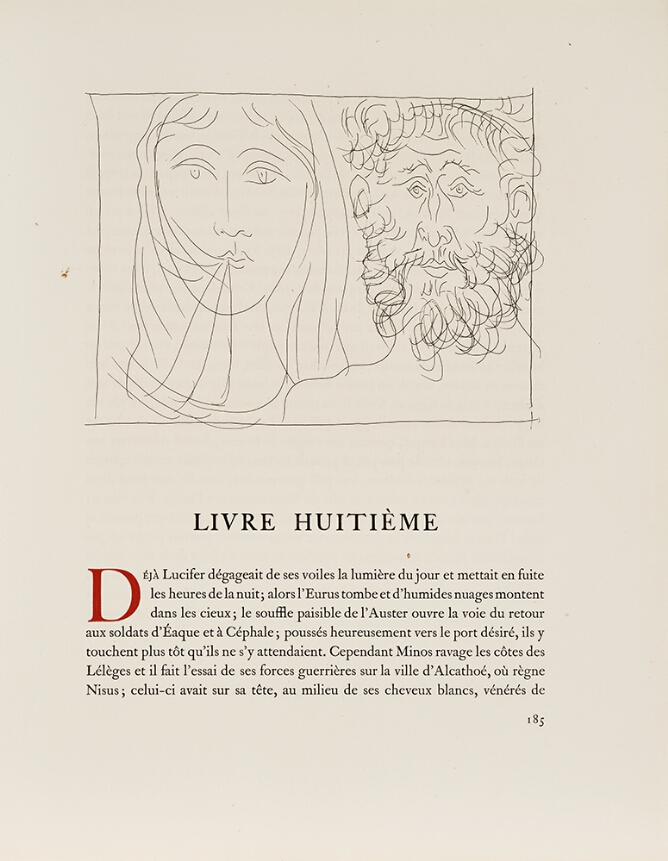 A black and white illustration of the head of a veiled woman with her veil touching her mouth, alongside a head of bearded man. Below, text in French