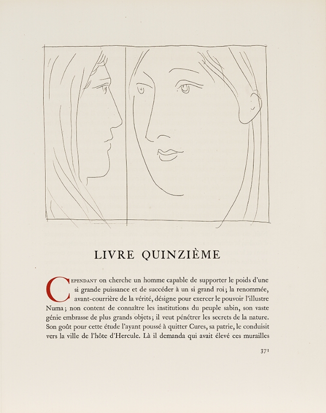 A black and white illustration of two heads of women facing each other, separated by a vertical line. Below, text in French