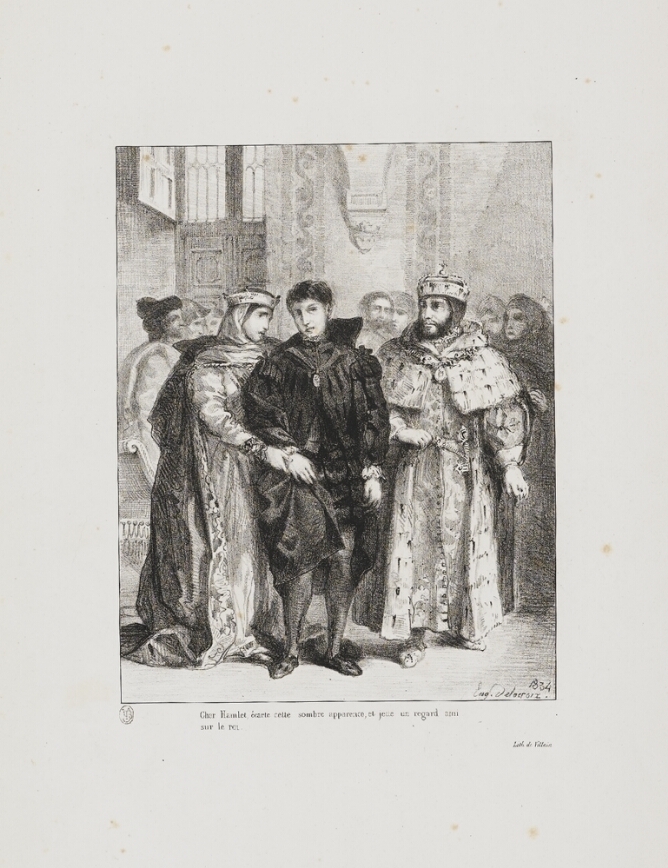 A black and white print of a young man standing between a man and woman in royal attire. The woman is touching the young man's hand