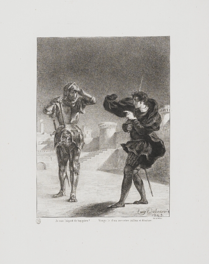 A black and white print of two standing men facing each other