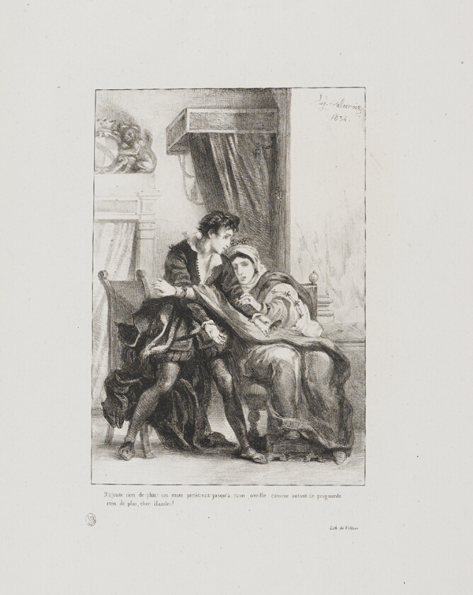 A black and white print of a woman seated in a room, blocking a standing young man with her arms