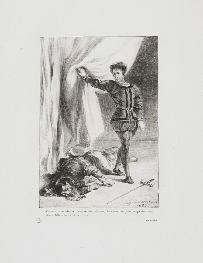 A black and white print of a standing young man opening a curtain, revealing a figure lying on the ground next to a sword